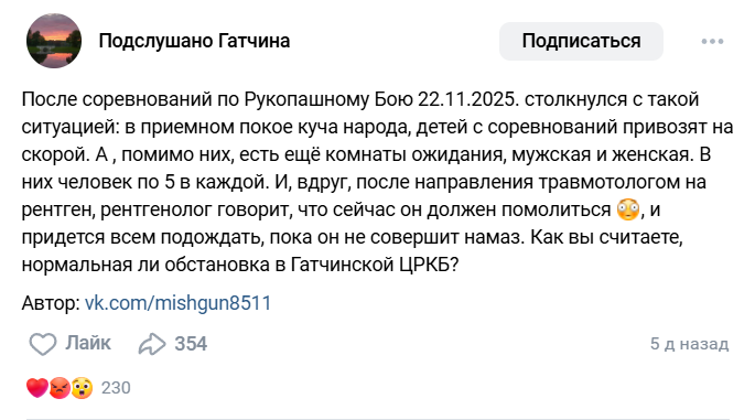 Скрин поста в группе ВК "Подслушано Гатчина"