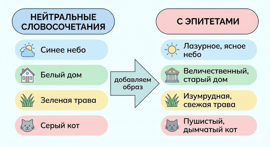 Эпитет превращает сухое описание в картинку