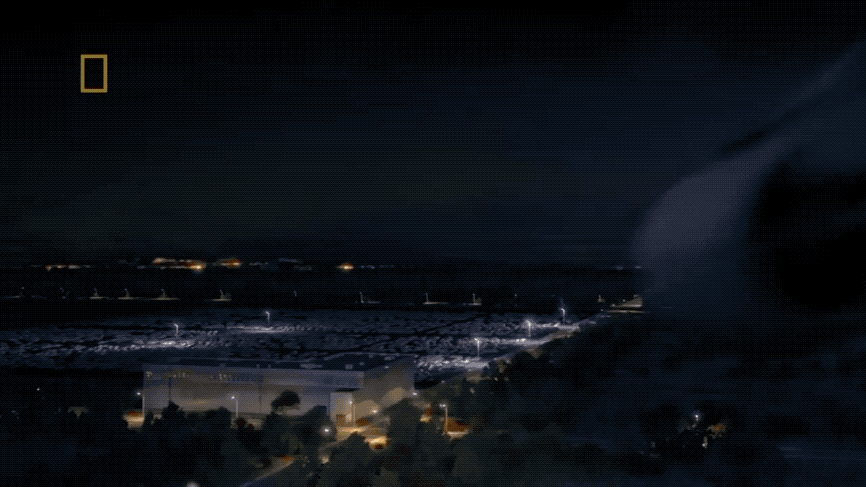 Компьютерная анимация столкновения. Обратите внимание, что в реальности при столкновени  самолёт слегка задрался вверх, а не опустился.