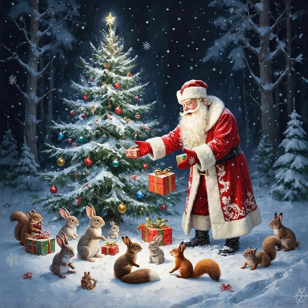 Дед мороз в красной одежде раздает подарки лесным зверям в лесу. Волшебная новогодняя ночь.
