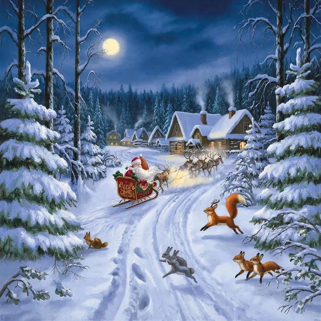 В заснеженном лесу небольшая деревня, дома из сруба, в окнах горит свет, идёт дым из печной трубы. Новогодняя ночь.