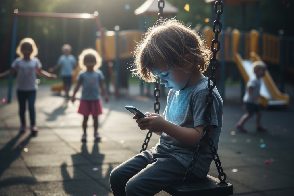 Ребенок в одиночестве сидит в телефоне пока другие дети играют на площадке