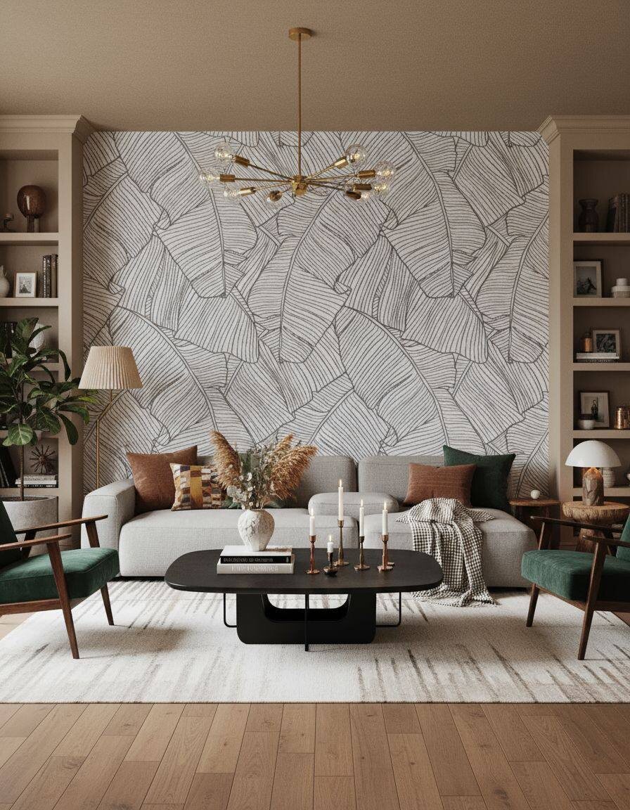 Пример интерьера гостиной в светлой пастельной гамме. Отделка стены - флизелиновые фотообои VEROL. Артикул на WB: 245180806.