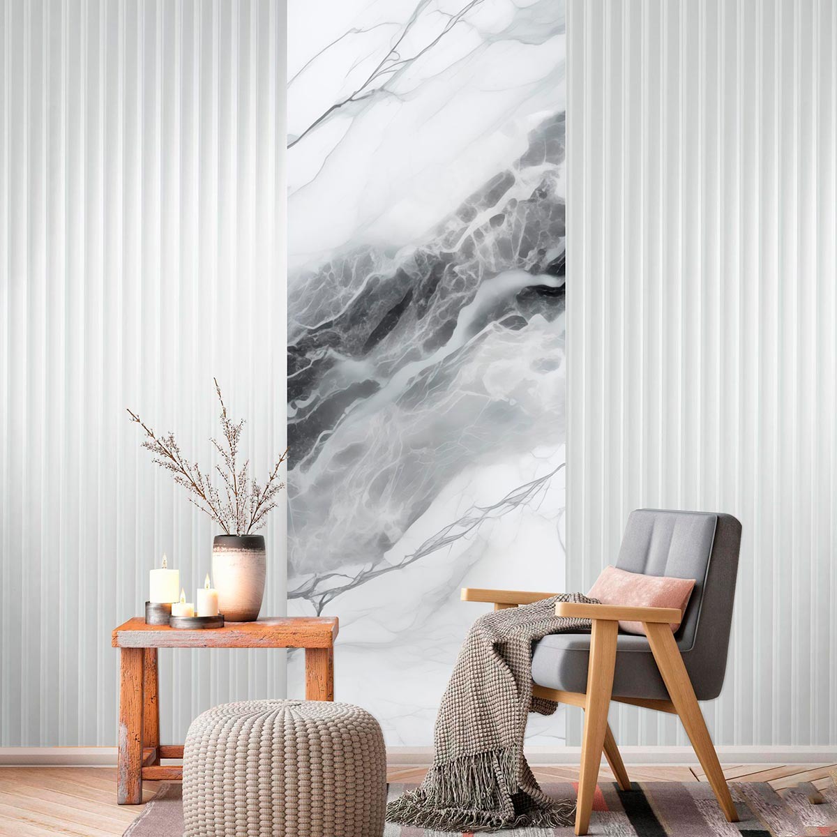 Пример оформления зоны отдыха. Отделка стены - акцентные флизелиновые фотообои VEROL с имитацией мрамора. Артикул на WB: 247239799.