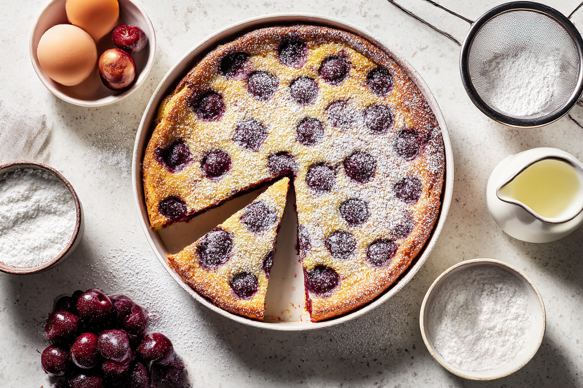    Клафути традиционно поднимается в духовке почти как суфле, а затем оседает — именно так и должен выглядеть этот французский десерт