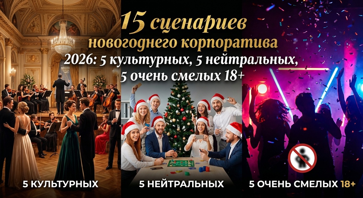 15 сценариев для новогоднего корпоратива 2026 года, разделенные на три категории: от интеллектуально-эстетических до безумных и провокационных.