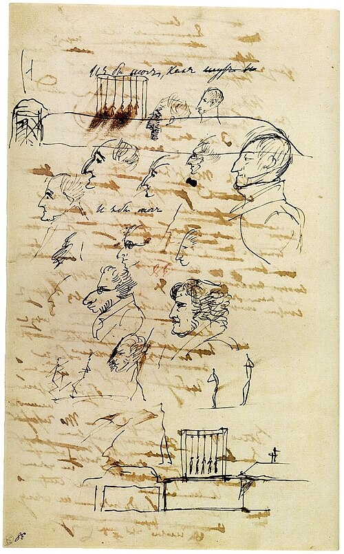 Рисунок Пушкина с изображением повешенных декабристов и словами «И я бы мог, как шут ви<сеть>», 1826 год