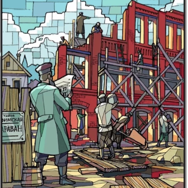 Панно на территории кластера «Арт-Квадрат»: строительство чаеразвесочной фабрики Вога в Уфе. © «Арт-Квадрат»