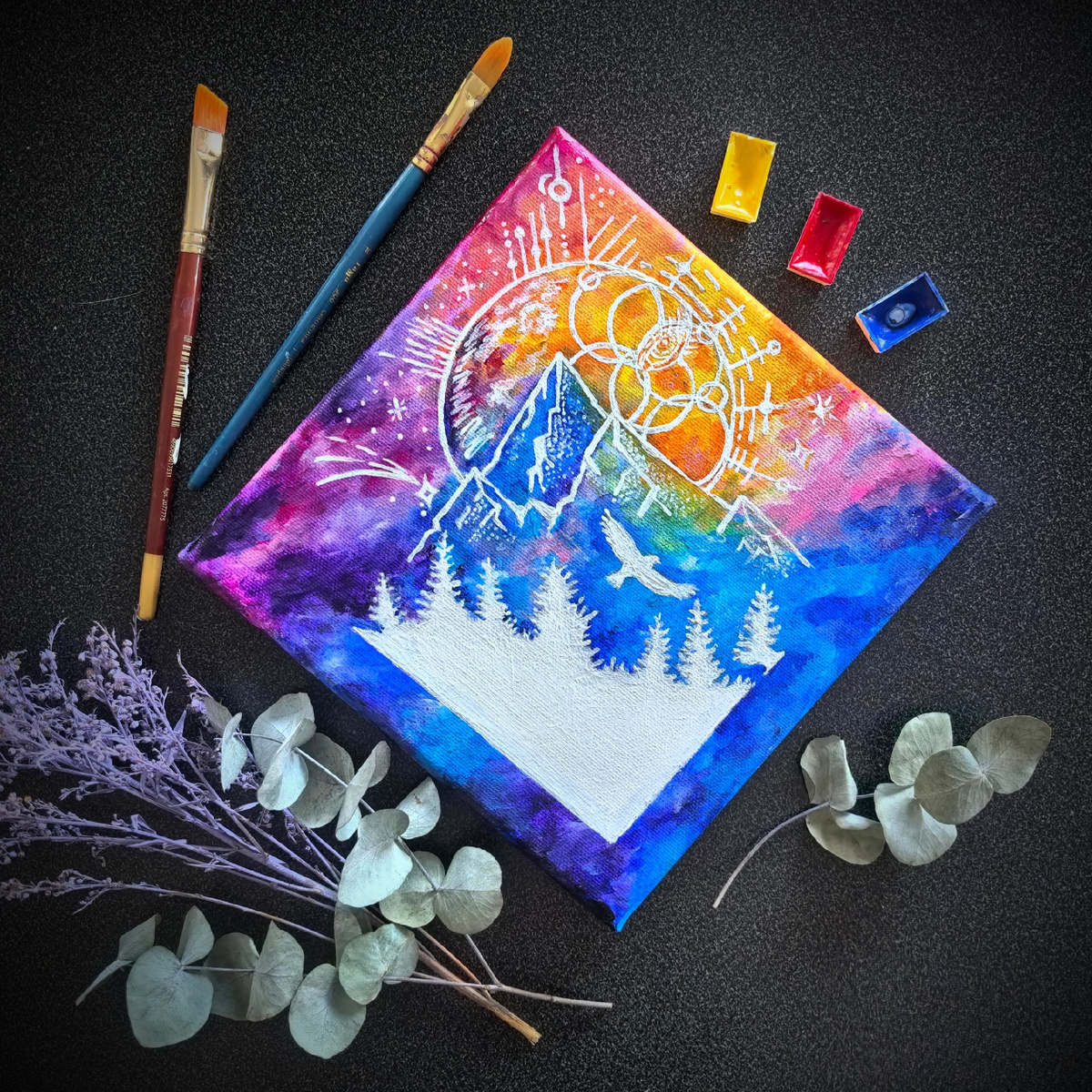 Акварельная техника и татуировочная графика - придают картине Силы ультрасовременный вид.