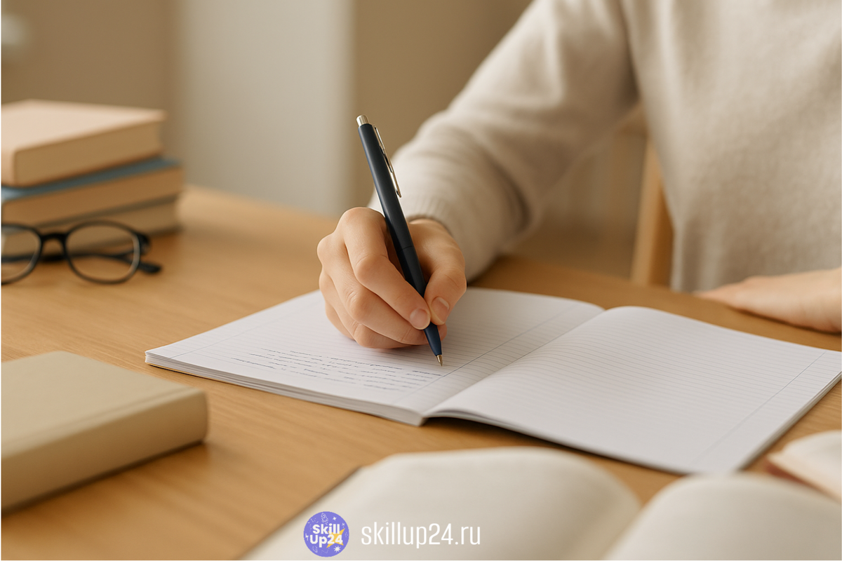 Рука школьника пишет сочинение в тетради на деревянном столе, рядом лежат книги и очки — спокойная атмосфера подготовки к итоговому сочинению 2025 года и допуску к ЕГЭ. Мягкий свет, учебная обстановка, акцент на моменте письма. Фото для онлайн-школы SkillUp24 в городах Астрахань, Барнаул, Владимир, Владивосток, Волгоград, Воронеж, Екатеринбург, Ижевск, Иркутск, Казань, Калининград, Кемерово, Киров, Краснодар, Красноярск, Липецк, Махачкала, Москва, Набережные Челны, Нижний Новгород, Новокузнецк, Новосибирск, Омск, Оренбург, Пенза, Пермь, Ростов-на-Дону, Рязань, Самара, Санкт-Петербург, Саратов, Сочи, Томск, Тольятти, Тула, Тюмень, Уфа, Ульяновск, Хабаровск, Чебоксары, Челябинск, Ярославль.итоговое сочинение 2025, направления итогового сочинения 2025, темы итогового сочинения, как написать итоговое сочинение, критерии итогового сочинения, объём итогового сочинения, аргументы для итогового сочинения, итоги декабрьского сочинения, допуск к ЕГЭ, подготовка к итоговому сочинению, что будет на итоговом сочинении, итоговое сочинение примеры, итоговое сочинение 11 класс