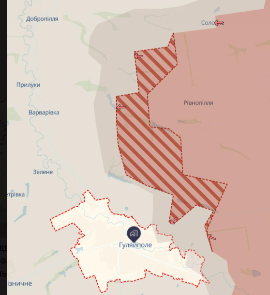    Актуальная карта боевых действий в районе Гуляйполе, согласно информации DeepState. Скриншот: Телеграм-канал "Политика Страны"