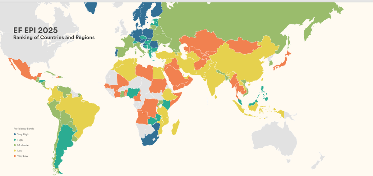 Результаты 2025 г. Синий цвет - очень высокий уровень, бирюзовый - высокий, зелёный - средний, жёлтый - низкий, красный - очень низкий уровень владения английским. 