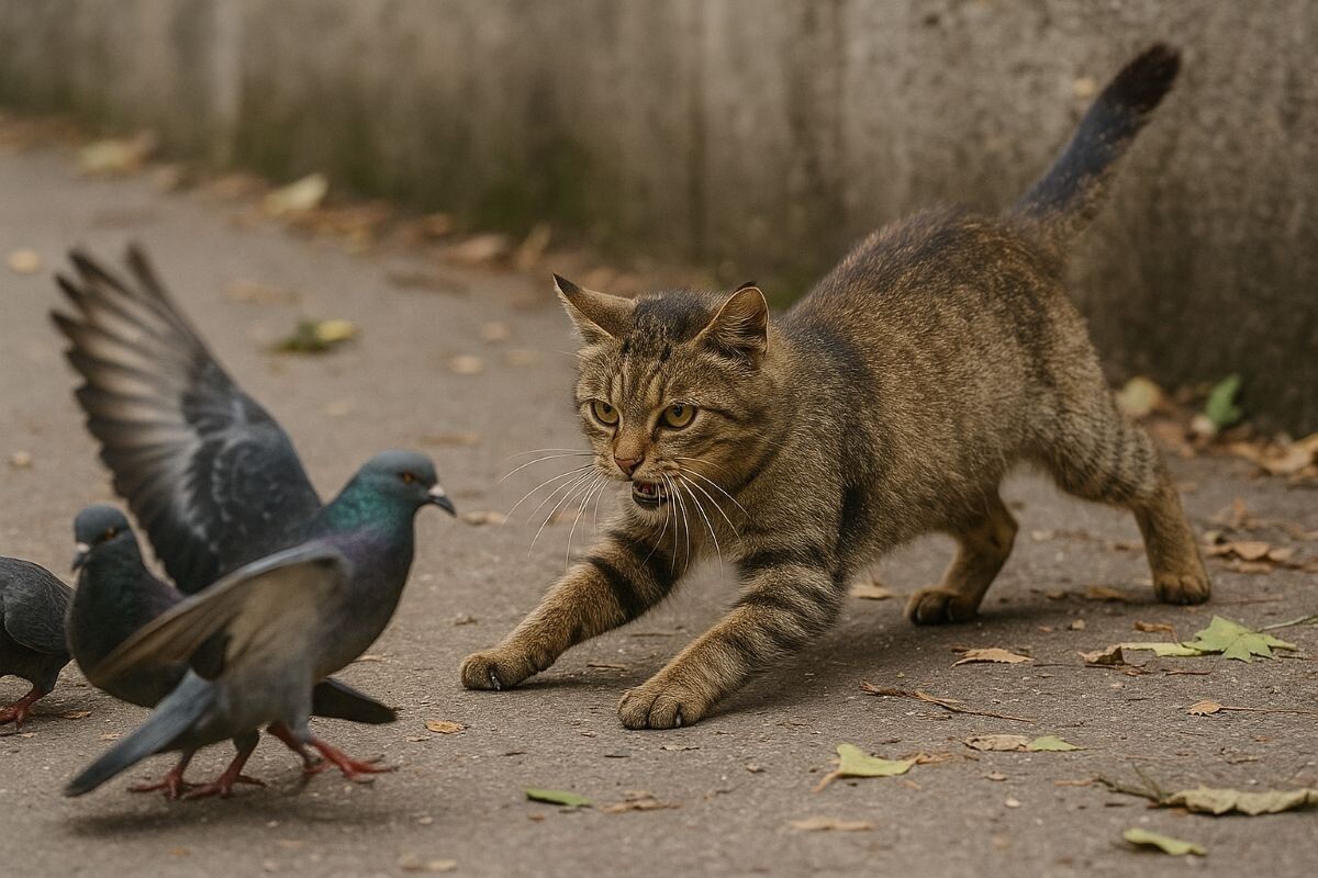 Коты, живущие на улице, нередко едят то, что поймают. Но и живут они гораздо меньше, чем домашние. Источник: нейросеть📷
