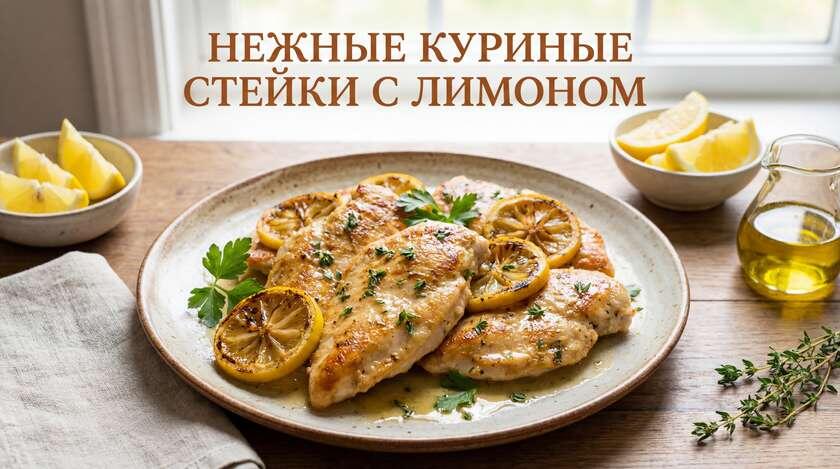 Нежные куриные стейки с лимоном" - готовые стейки на тарелке, украшенные зеленью.