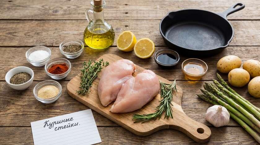Ингредиенты для ужина" - все необходимые ингредиенты для куриных стейков на столе.
