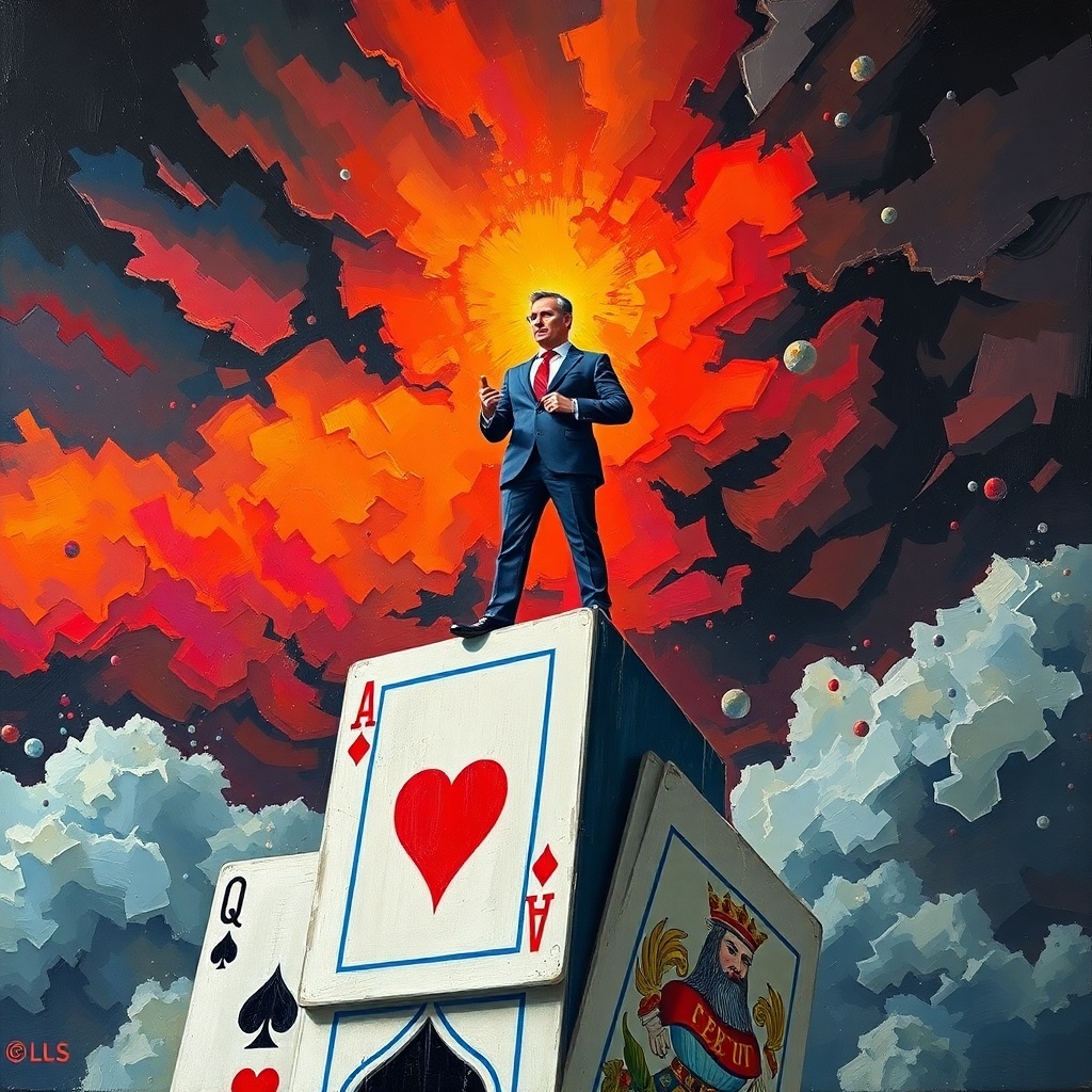 визуально стереотипичный успешный мужчина средних лет в костюме с красным галстуком стоит на вершине из пирамиды карт, над ним хатически нависают облака и тучи, сквозь небо виден космос, который светит красным