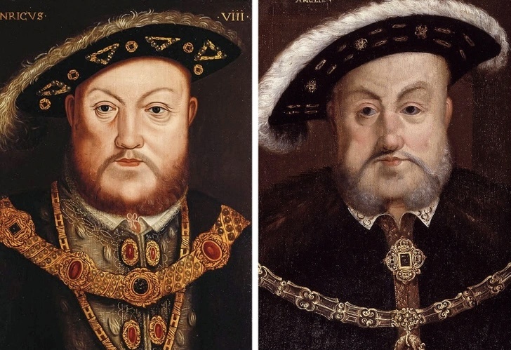 Генрих VIII - слева на портрете кисти Гольбейна, справа - другого придворного художника, возможно, не такого хорошего льстеца. 