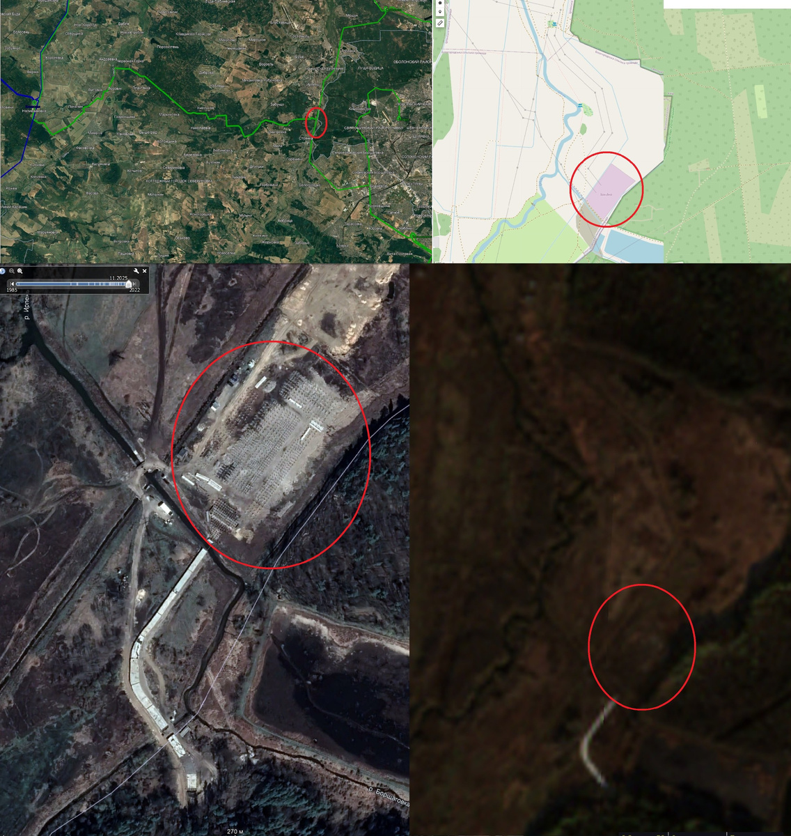 Эта ПС предполагалась на западе Киева, в месте, где в своё время ВЛ 330 кВ Новокиевская - Северная разрезали на ПС 750 кВ Киевская (слева вверху). Её даже нанесли на карту ОСМ (справа вверху). Собственно, до войны её начали строить, на снимке 15.04.22 видно свайное поле (слева внизу). Но на данный момент (справа внизу, от 19.11.2025) никаких подвижек в её строительстве не заметно