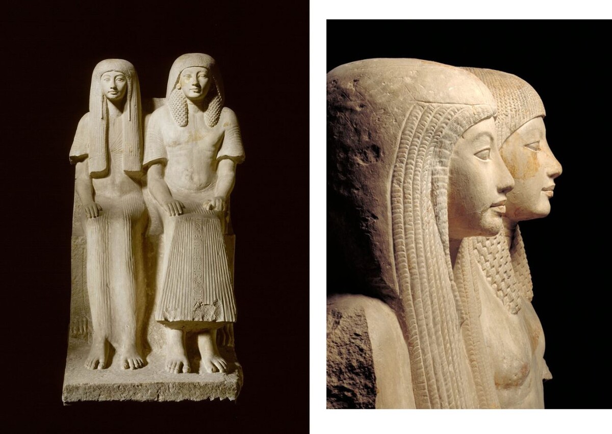Двойная статуя Ка, чиновника Майи и его жены Мерит. XVIII династия, ок. 1325 год до Р.Х. Лейденский музей