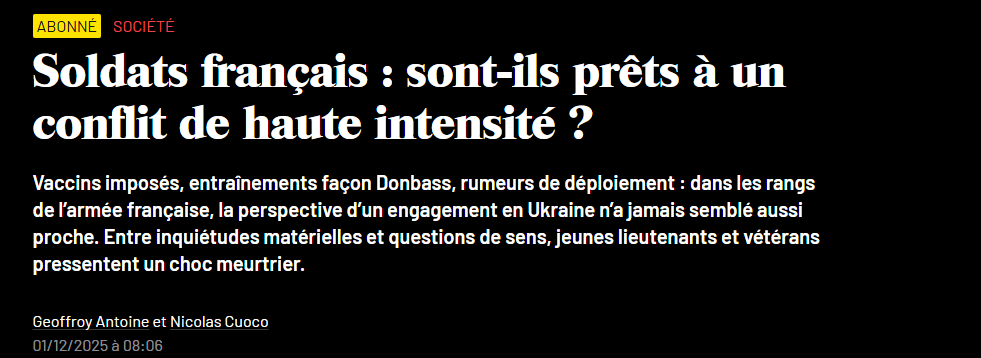 Французские солдаты: готовы ли они к конфликту высокой интенсивности?
Введенные вакцины, тренировки в стиле Donbass, слухи о развертывании: в рядах французской армии перспектива участия на татуине никогда не казалась такой близкой. Между материальными заботами и вопросами смысла молодые лейтенанты и ветераны переживают смертельный шок