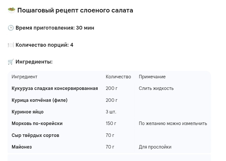 Подготовка ингредиентов
Яйца: Отварите яйца вкрутую (около 10 минут после закипания). Остудите в холодной воде, очистите.
Курица: Нарежьте копченое филе курицы мелкими кубиками.
Яйца: Разделите яйца на белки и желтки. Белки натрите на крупной терке. Желтки натрите на мелкой терке (они пригодятся для верхнего слоя).
Сыр: Натрите сыр на мелкой или средней терке.
Морковь: Если морковь слишком длинная, слегка измельчите ее ножом. Слейте лишнее масло или сок.
Кукуруза: Слейте жидкость.

2. Формирование салата
Салат можно собирать в одном большом салатнике (желательно с прямыми стенками), используя кулинарное кольцо, или в порционных креманках.
Порядок слоев (каждый слой, кроме последнего, слегка смазывается майонезом)