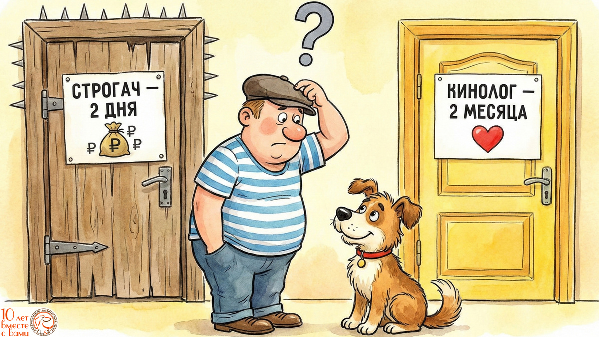 Дилемма владельца: строгий ошейник за 2 дня (быстро, дёшево, но через боль) или работа с кинологом за 2 месяца (дольше, но через понимание и доверие)? Настоящее послушание не строится на страхе | Иллюстрация: DogSelf