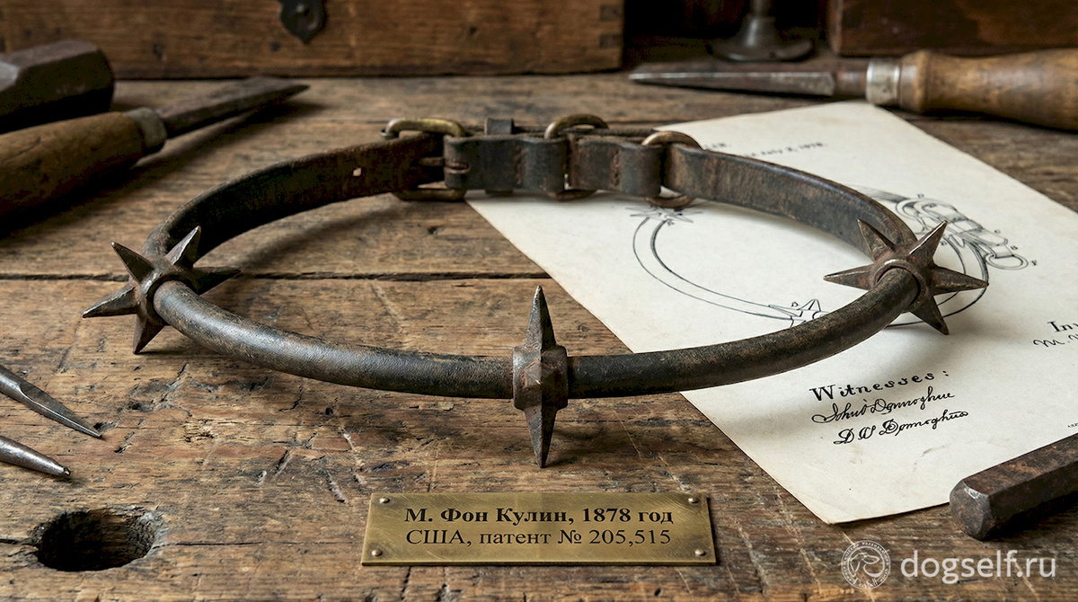 Художественная реконструкция: строгий ошейник образца 1878 года – патент Мэттью фон Кулина изначально назывался «силовой ошейник для сламывания собак». Название говорит само за себя | Иллюстрация: DogSelf