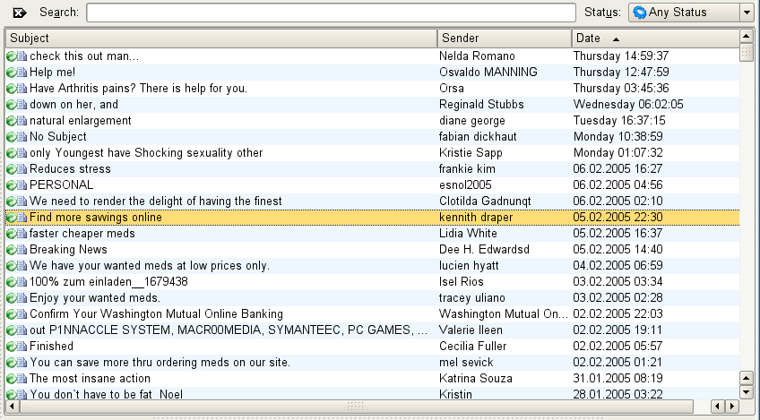 The spam email folder in the KMail email client.