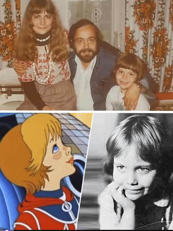 Екатерина Семенова. Вверху в детстве с родителями. Внизу слева кадр из мультфильма «Тайна третье планеты», Алиса Селезнева. Справа - Катя Семенова в детстве