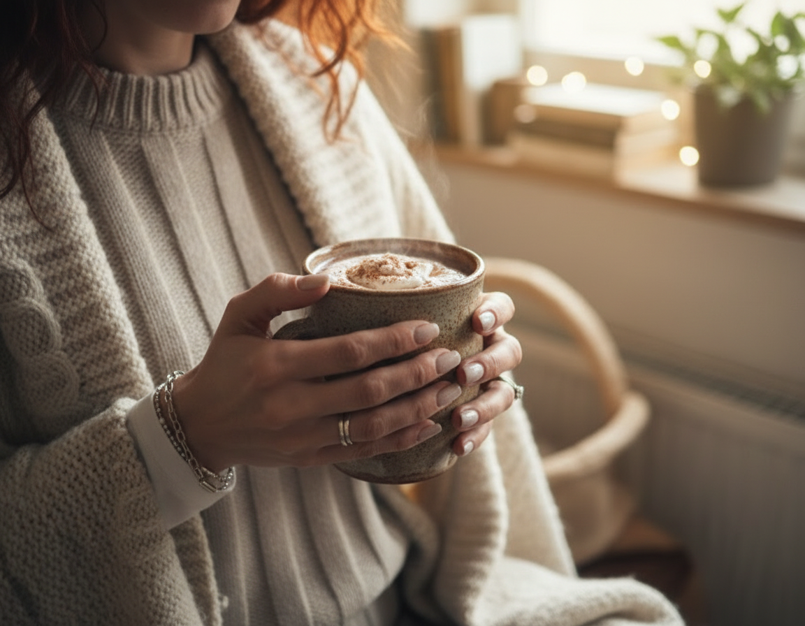 Приготовила горячий шоколад, сегодня солнцечно и без снега. Однако очень хочется зимнего уюта.
