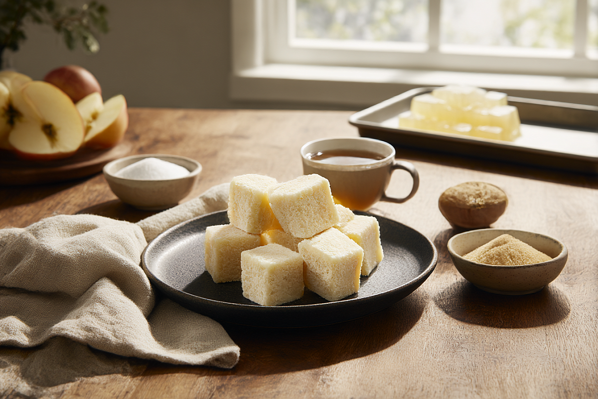    Белёвская пастила традиционно сушится долго, а здесь похожую воздушную текстуру даёт взбивание яблочной массы с желатином — поэтому десерт получается «как пастила», но без сушки.