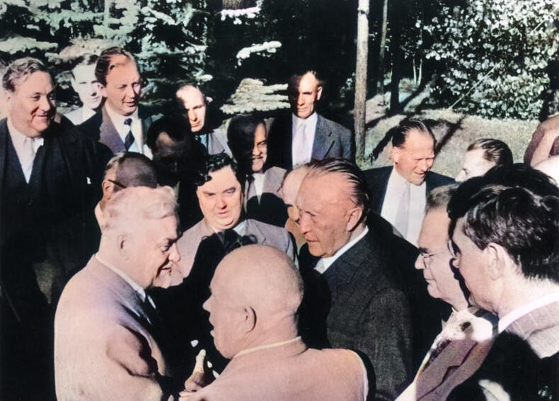 Г. М. Маленков, Н. С. Хрущёв, Н. А. Булганин, К. Аденауэр. 1955 год.