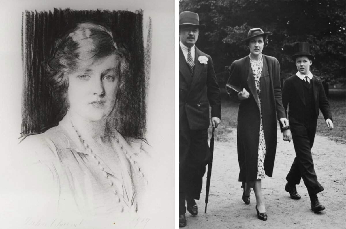 Слева Леди Синтия Гамильтон, графиня Спенсер, в бытность виконтессой Олторп, работы Джона Сингера Сарджента, 1919, справа -й граф Спенсер со своей женой Синтией и их сыном Джонни в Итонском колледже