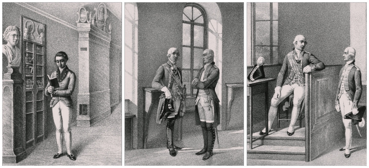    Кадет и офицеры Сухопутного шляхетского кадетского корпуса в конце XVIII столетия. Литографии XIX в. / Фото: из архива журнала "Родина"