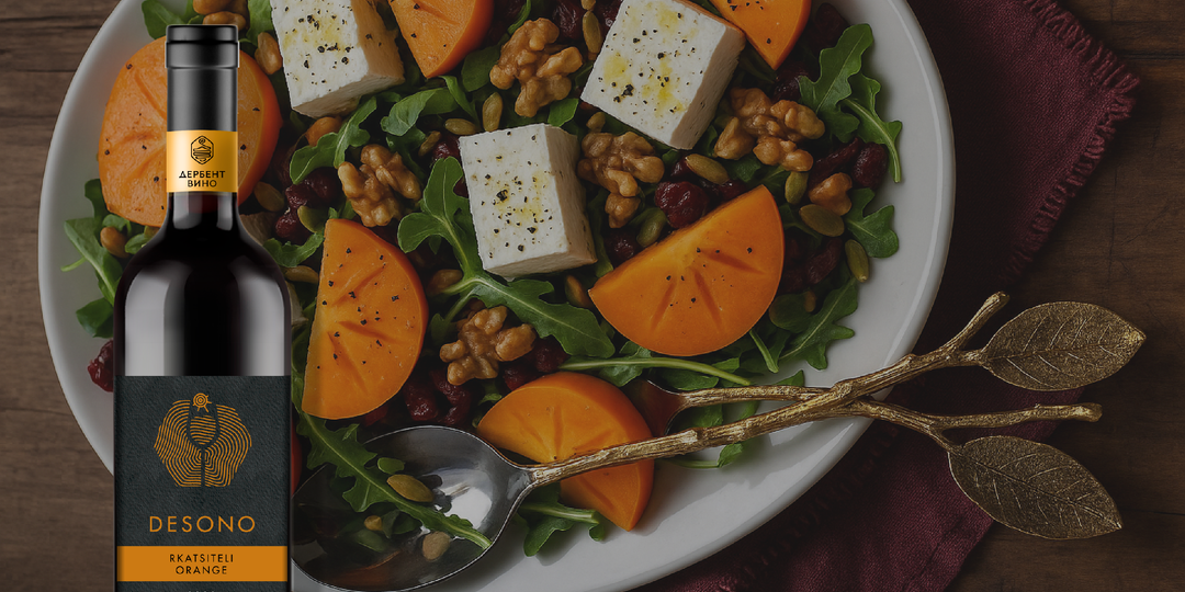 Теплый салат с хурмой и куриной печенью и Desono Rkatsiteli