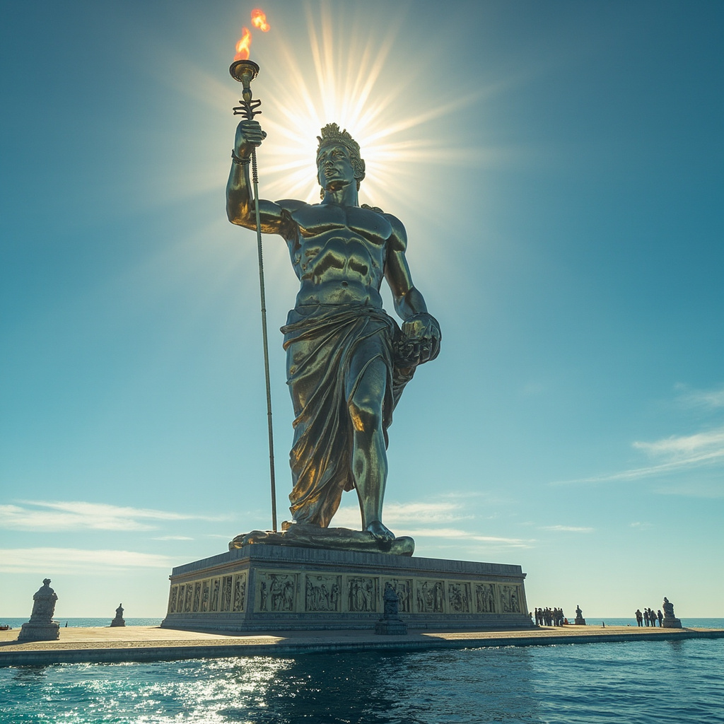 Колосс Родосский — гигантская статуя бога Солнца Гелиоса, которая в древности служила маяком и считалась одним из семи чудес света. Попытка реконструкции с помощью ИИ.