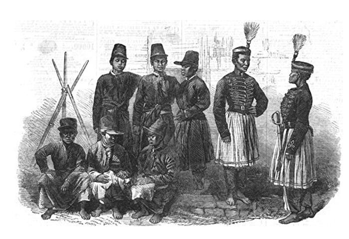 Амазонки из королевской гвардии Сиама — 1866 год — старинная гравюра.