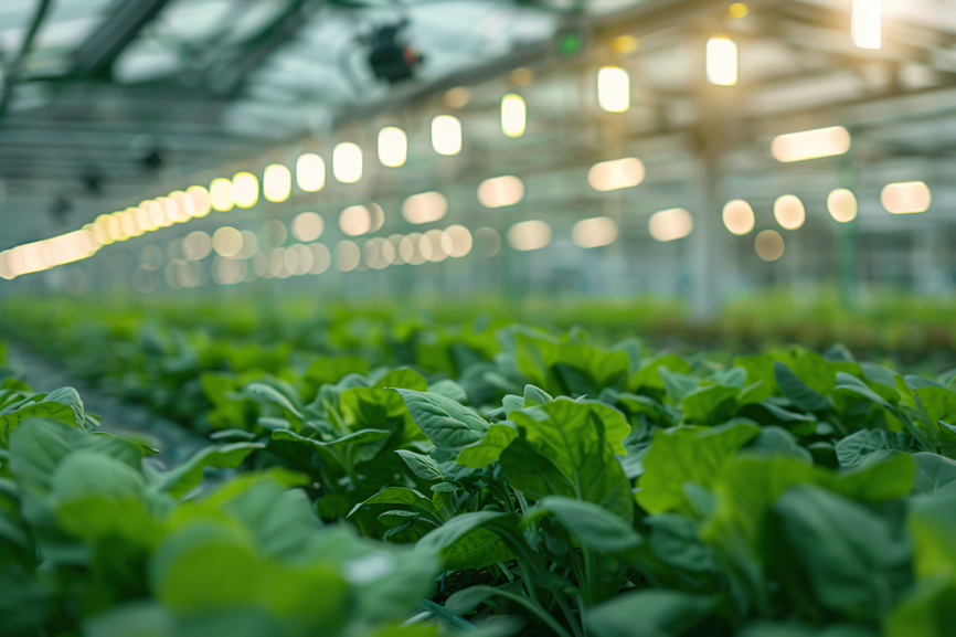 Ряды зелени под LED-лампами 