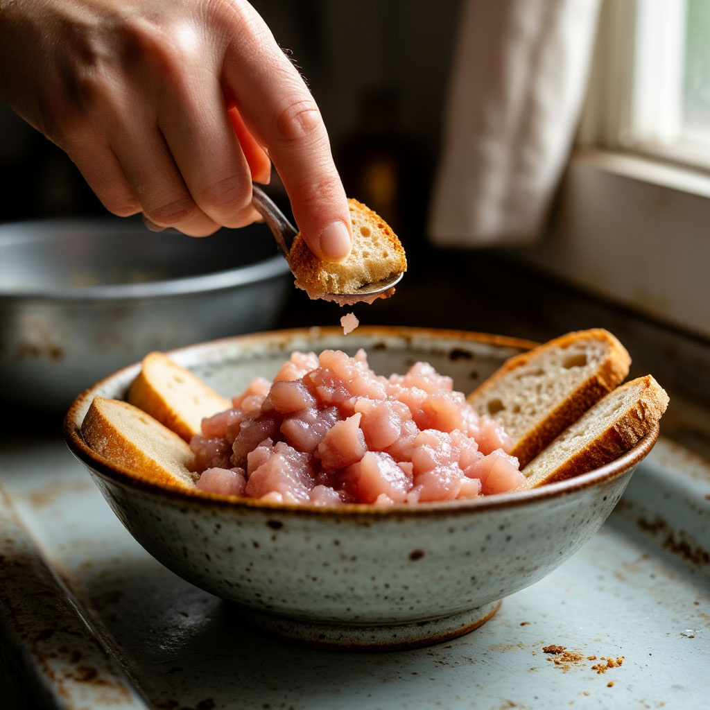 «Манку добавляют ПОСЛЕ хлеба — иначе она ‘высосет’ влагу из фарша. Вот так выглядел замес в столовой №12 в 1975 году»