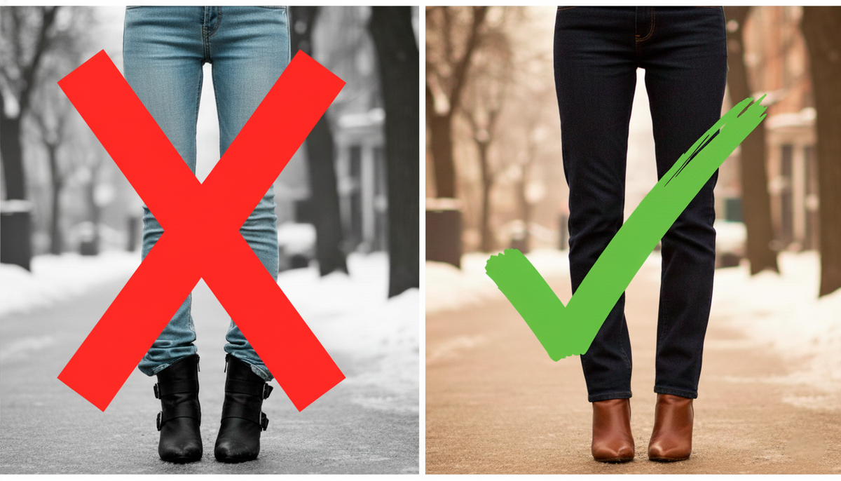 Взгляните на разницу. Слева — джинсы перетянули ноги, создав ненужный рельеф и тяжесть. Справа — прямой крой скрыл всё лишнее и вытянул силуэт. Выбор очевиден!