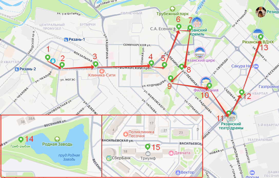 Маршрут "Грибная тропа" в Рязани. На маршруте собраны 13 скульптур в том порядке, в котором их легко всех обойти (объехать) за раз. Протяженность маршрута - примерно 8 км. И еще 2 скульптуры находятся через большее расстояние, их адреса укажу ниже