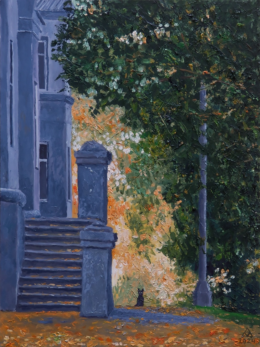 1 Алфёров Андрей "Пейзаж с котом"
40х30 хм 2024 г
 