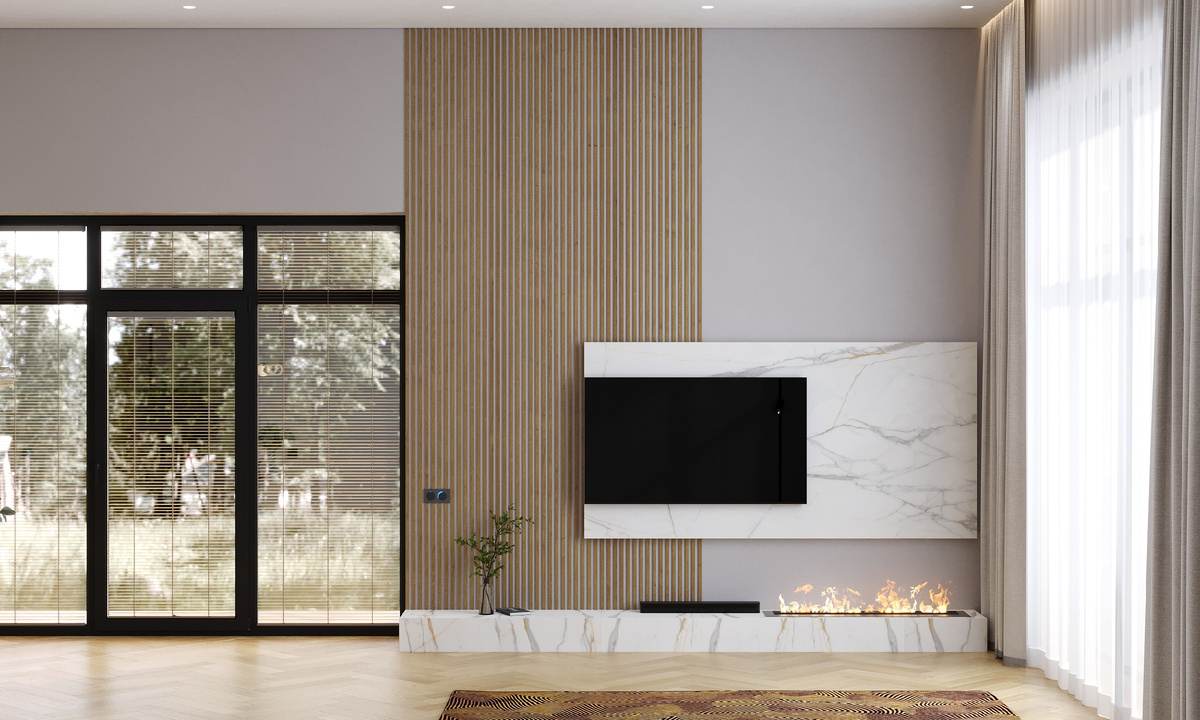 Пример, где крупноформатный керамогранит работает в плюс: ровные основания, простор и минимум подрезок.