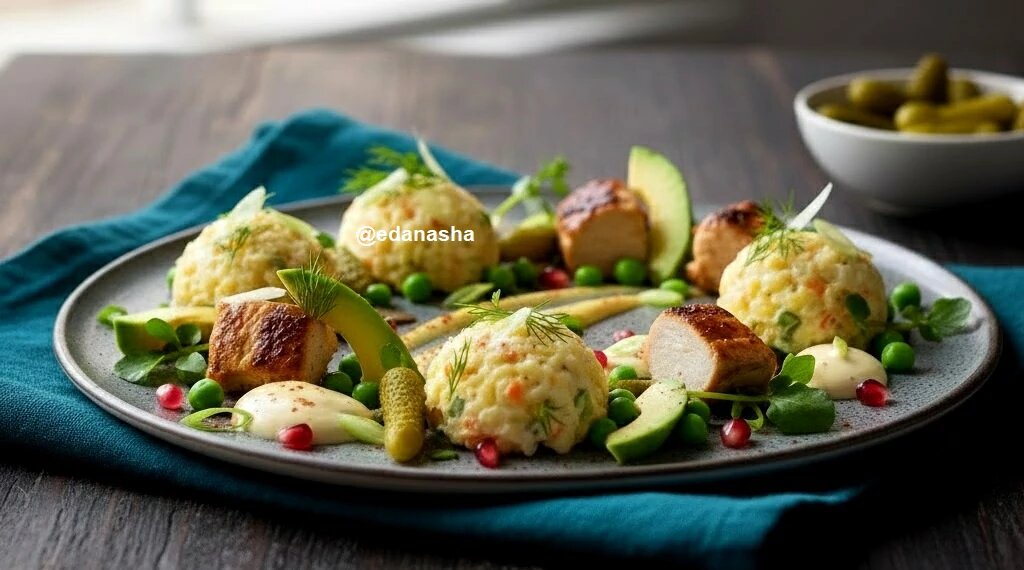 Оливье с копченой курицей и авокадо