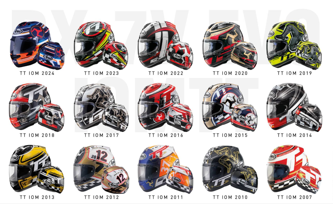 Arai Isle of Man TT расцветки шлемов, начиная с 2007 года по 2024.