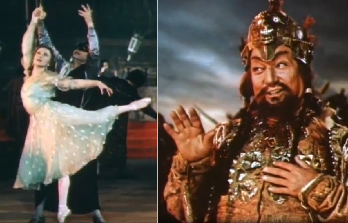 Кадры из фильма "Большой концерт": слева мы видим Галину Уланову и Михаила Габовича в заглавных партиях в балете "Ромео и Джульетта" Прокофьева, справа - Максима Михайлова в образе хана Кончака из оперы Бородина "Князь Игорь"