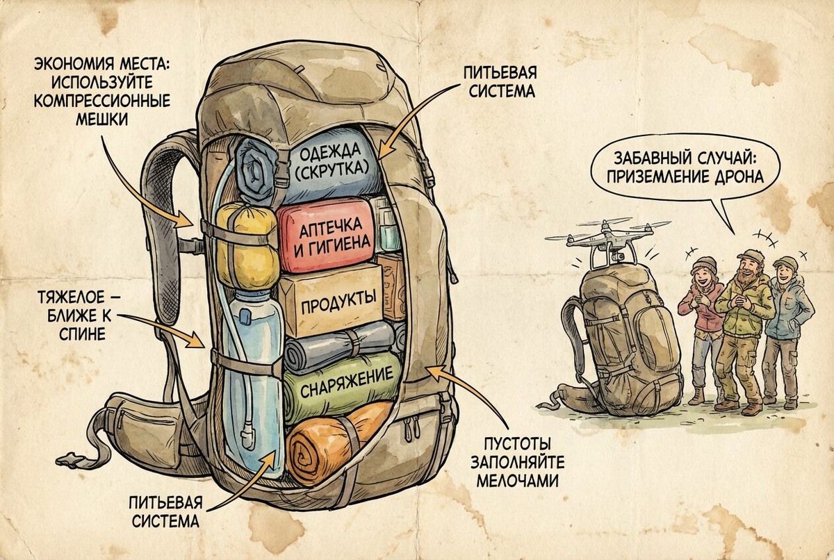 Упаковка рюкзака с продвинутыми техниками для экономии места