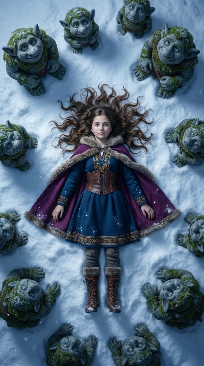 Девочка и тролли на снегу под луной смотрят на звездное небо