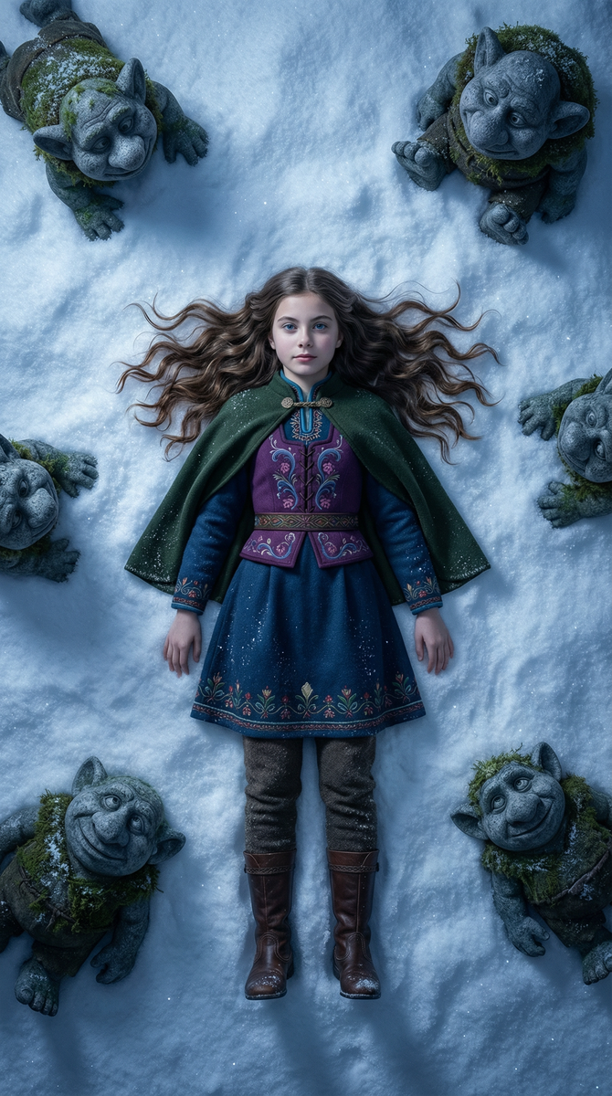 Девочка и тролли на снегу под луной смотрят на звездное небо