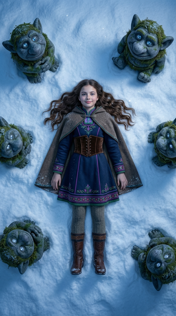 Девочка и тролли на снегу под луной смотрят на звездное небо